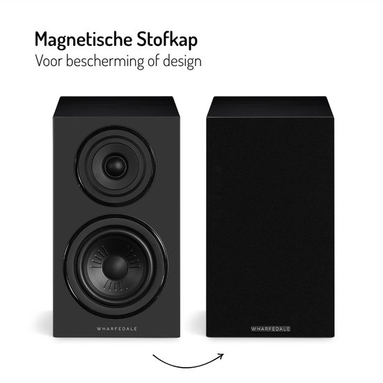 Zwarte Wharfedale Diamond 12.1i boekenplankspeaker, met en zonder magnetische stofflap.