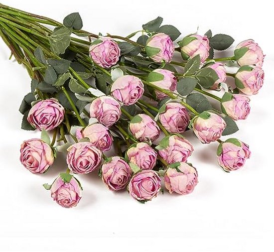 Kunstrozen Boeket - Zijden Bloemen - Woondecoratie - Vintage Vuurgebakken - 24 Stuks - Vintage Paars