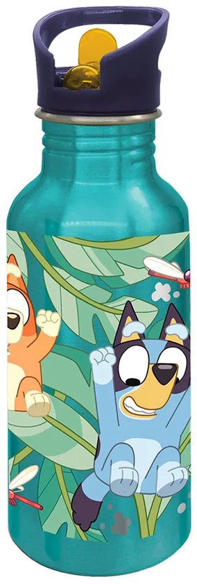 Turquoise waterfles met Bluey en Bingo, omringd door groene bladeren en libellen.