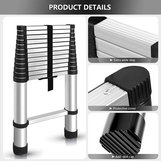 Een gesloten aluminium telescopische ladder met gedetailleerde productkenmerken zoals extra brede stappen en beschermhoezen.