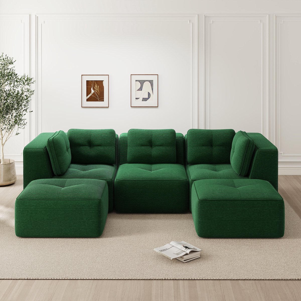 Merax U-vormige hoekbank - modulaire combinatiestoel met voetenbank - voor woonkamer - driezitsbank - diepe zitting - groen