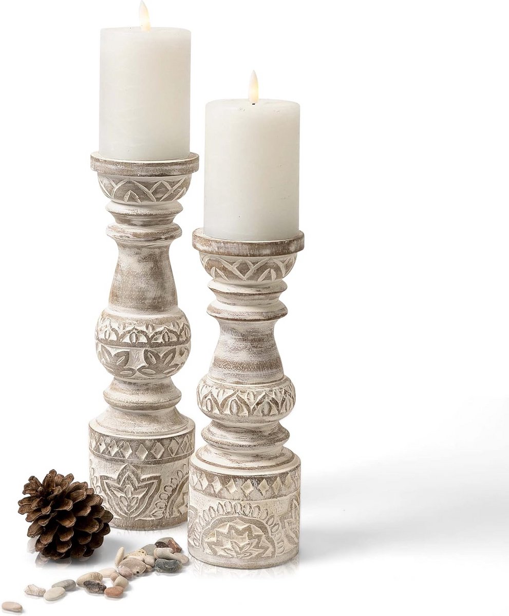 Kandelaars Set - Houten Kaarshouders - Decoratief Gebruik - Handgesneden Details - 25 en 30 cm - Wit Gewassen