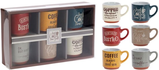 Set van 6 koffiekopjes, gepresenteerd in een geschenkdoos. De mokken hebben verschillende opdrukken en kleuren.
