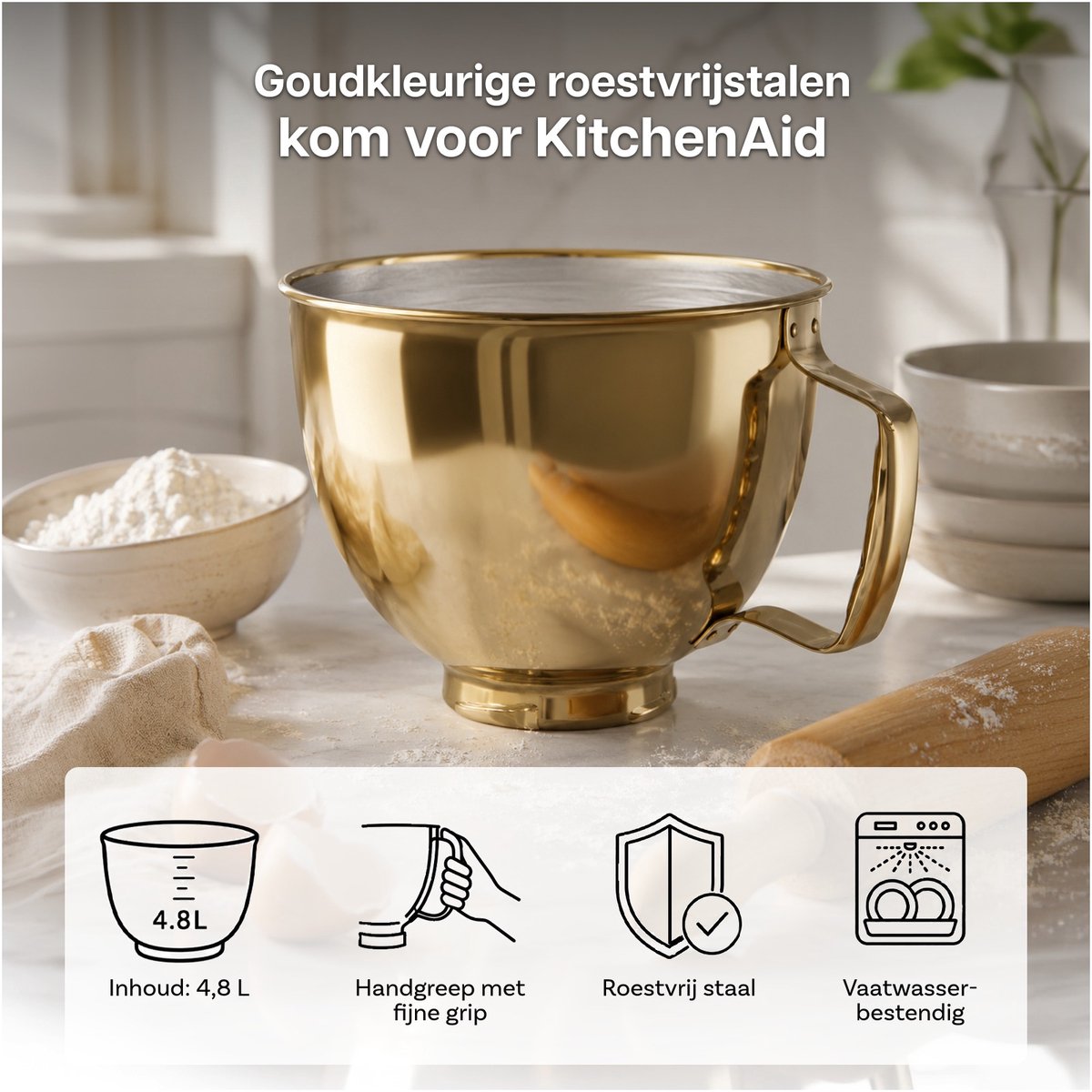 Roestvrijstalen Mengkom voor KitchenAid 4.3, 4.7/4.8L Tilt-Head Stand Mixers Artisan & Classic Series van MMOBIEL - 4.8L Kom RVS met Handvat – Vaatwasmachinebestendig – Goud thumbnail 6