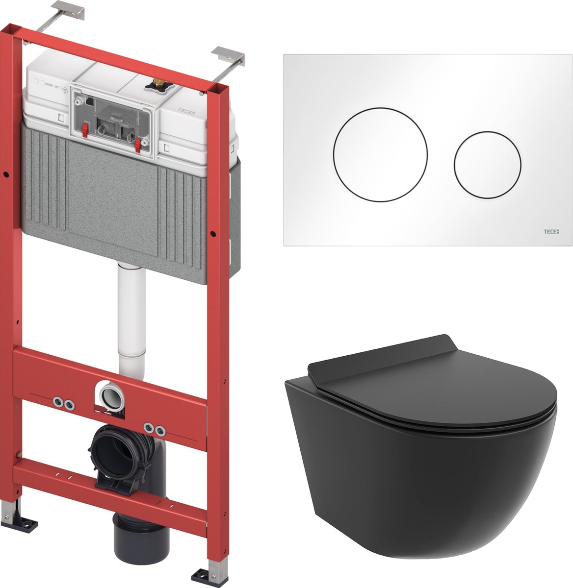 Badland Rolo toiletset - wandtoilet met TECEbase inbouwreservoir en bedieningsplaat wit - zwart, ronde knoppen
