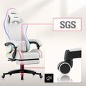 Witte gamestoel met Huzaro-logo, SGC-certificering en close-up van geluidsarme wieltjes.