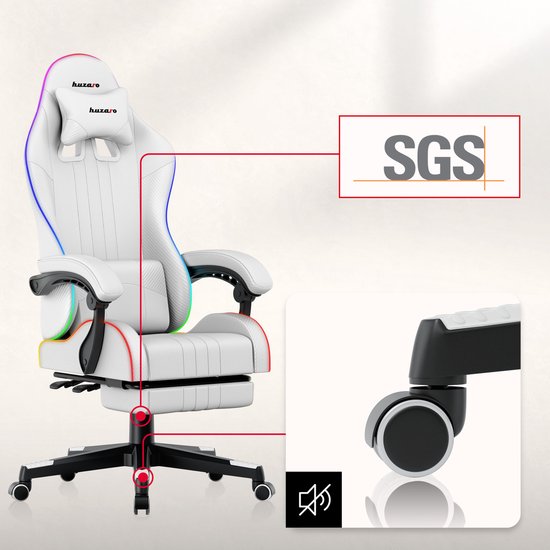 Witte gamestoel met Huzaro-logo, SGC-certificering en close-up van geluidsarme wieltjes.