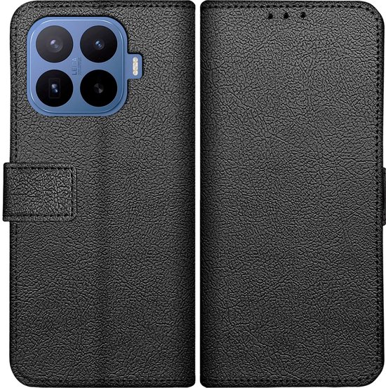 Étui de téléphone classique noir ouvert, avec découpe pour objectif de caméra et languette de fermeture.
