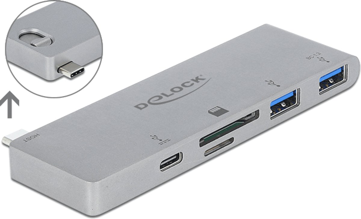 3 Poorthub en 2 slotkaartlezer voor MacBook met PD 3.0 en intrekbare USB Type-C-verbinding