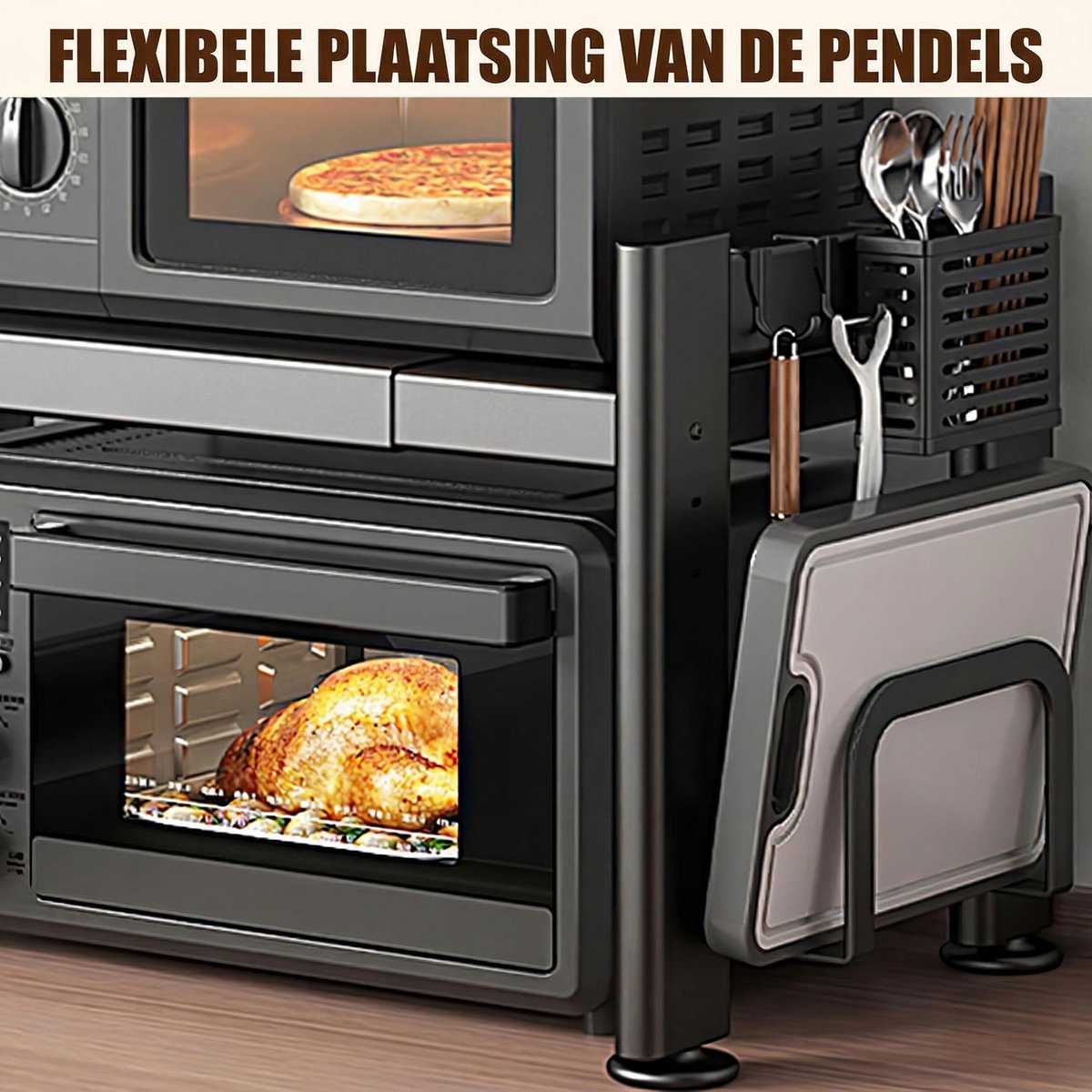 Uitschuifbaar Magnetron Rek – Koolstofstaal Keuken Organizer – Enkele Laag Opbergrek – Zwart — afbeelding 6