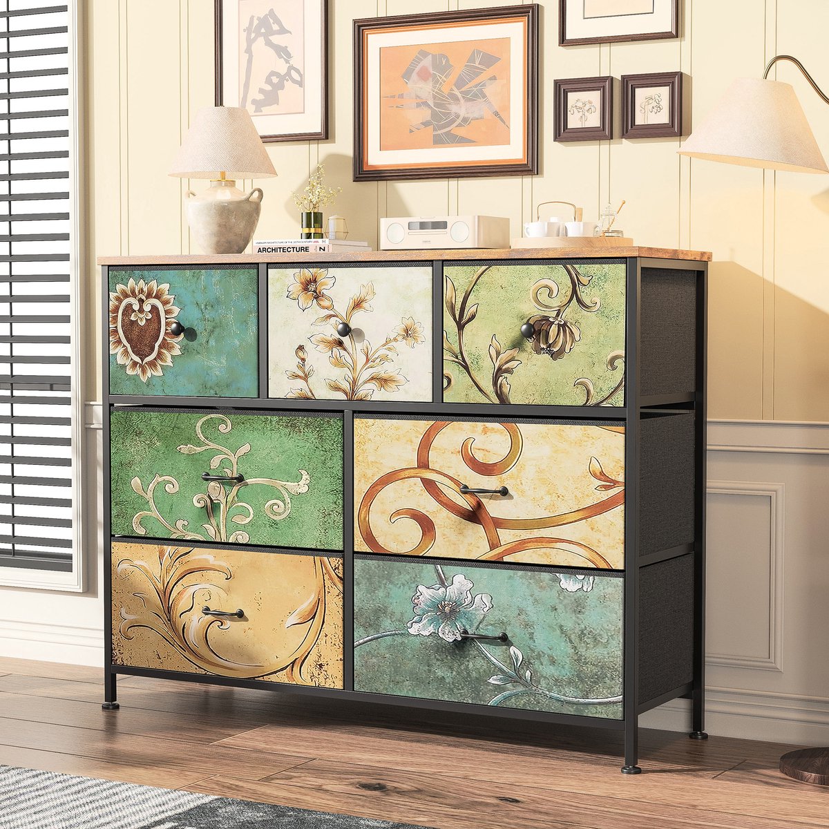 Commode met 7 stoffen lades, kledingkast, commode in retrostijl voor slaapkamer, woonkamer, commode met stalen frame en stof, 100x30x78cm, meerkleurig groen