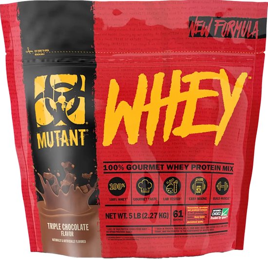 Mutant Whey 100% gourmet whey protein mix, 2.27 kg, triple chocolate flavour.