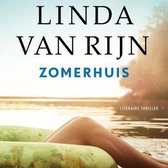 Boek "Zomerhuis" van Linda van Rijn, een literaire thriller. Op de cover een zomerse sfeer met een meer en de benen van een persoon in een zwemband.