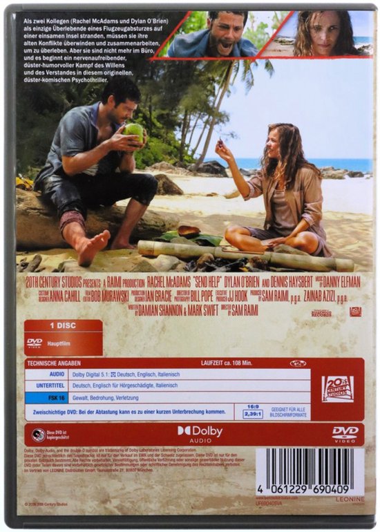 Achterkant van een "SEND HELP" DVD. Twee afbeeldingen: een man en vrouw op een strand, en een close-up van de ogen van de vrouw. Tekst met filminformatie.