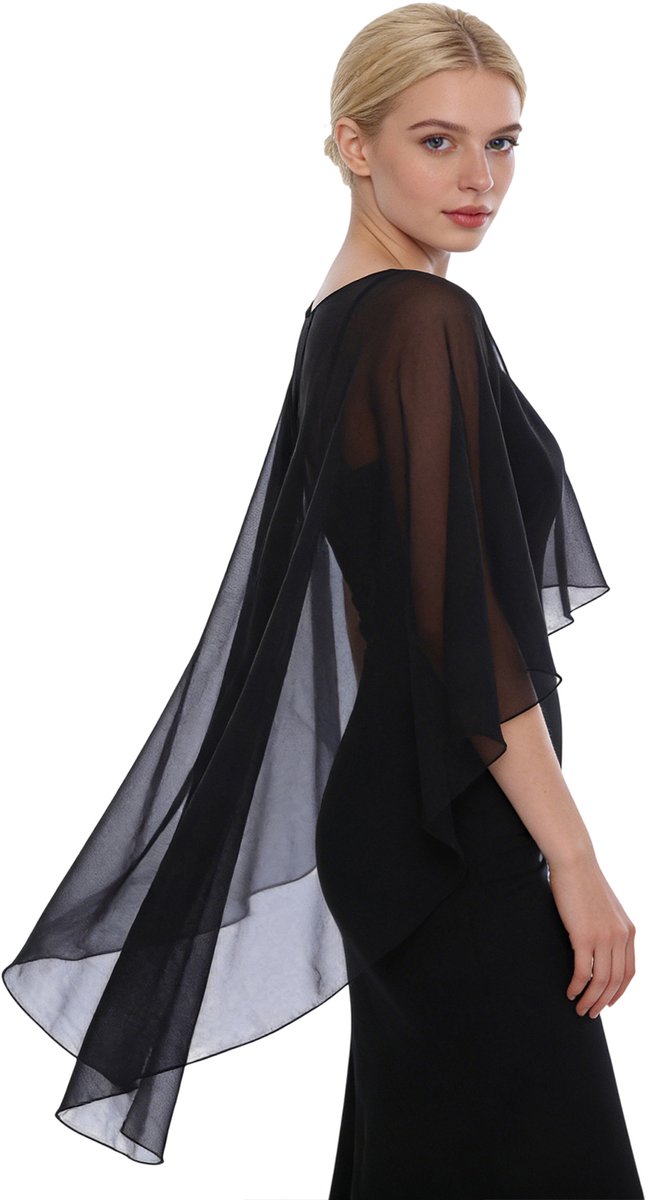 Topmelon Sjaal - Poncho - Cape - Stola - Omslagdoek - Chiffon - Bruiloft - Feest - Bruid - Gala Zwart