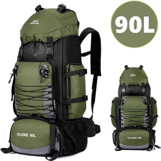 Twee groene en zwarte 90L trekking rugzakken. Eén grote rugzak en een kleinere, compacte versie ernaast.