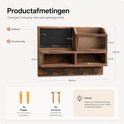 Afmetingen van het donkerbruine houten wandrek met memobord, brievenhouder, legplanken en sleutelhaakjes.