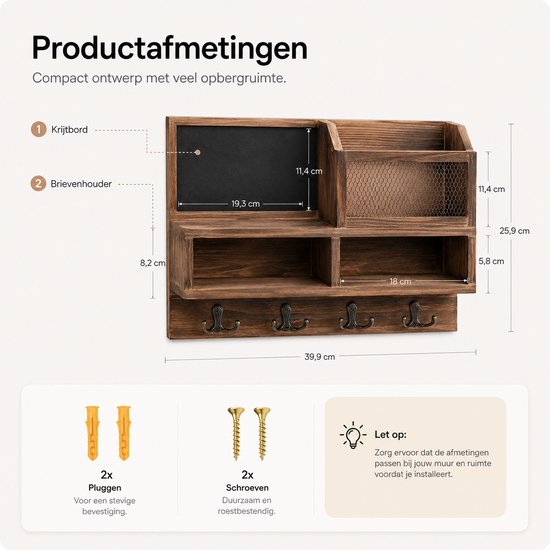 Afmetingen van het donkerbruine houten wandrek met memobord, brievenhouder, legplanken en sleutelhaakjes.
