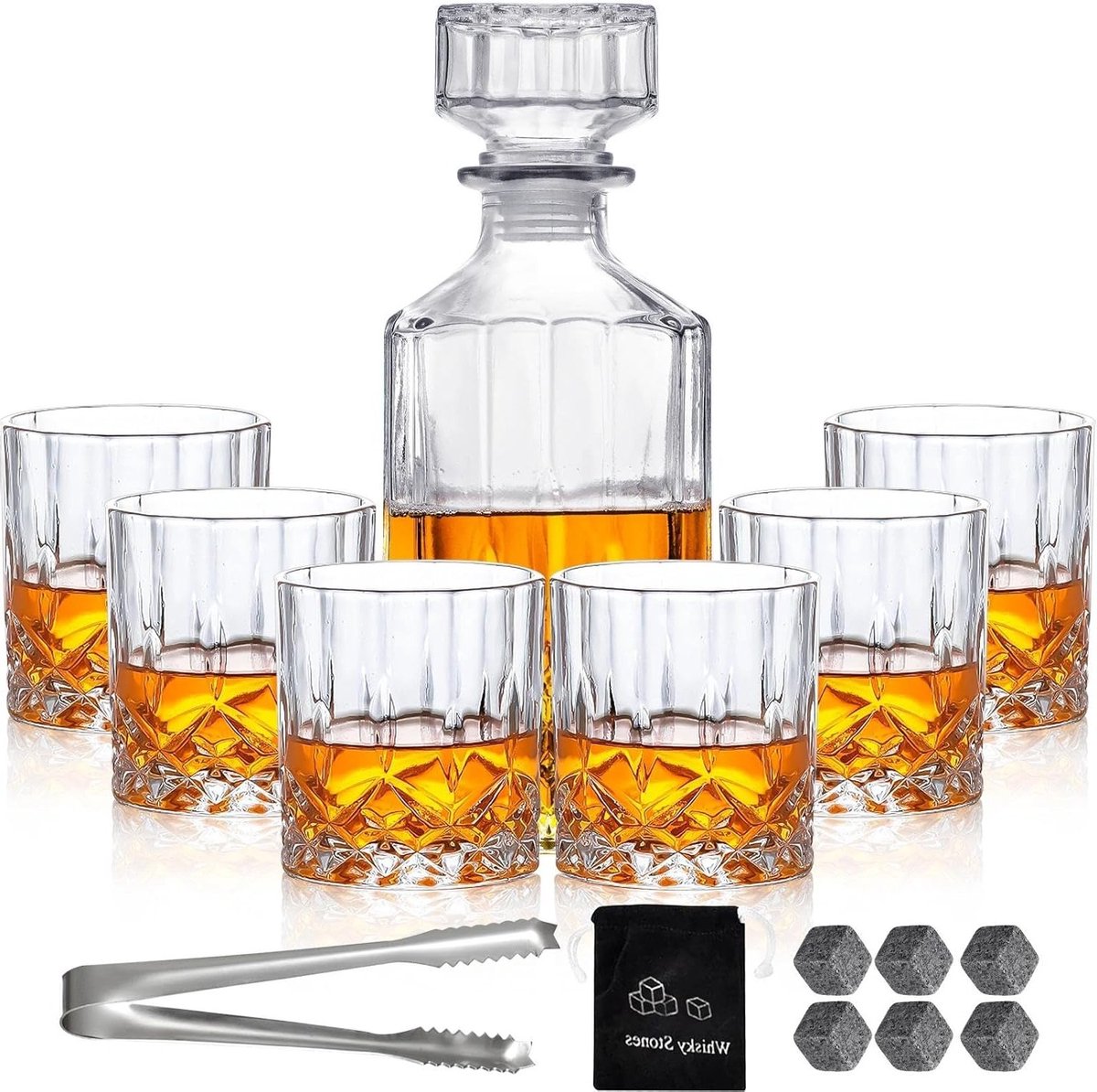 Whiskey Karaf Set voor Mannen met 6 Whiskyglazen - Koelende Whisky Stenen - Clip - Loodvrije Glas Drank Karaf - Whisky Bourbon Rum Gift