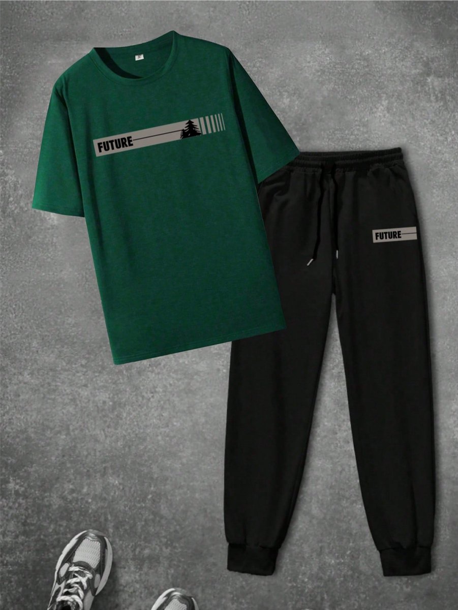 Stijlvolle en Comfortabele Heren Set met Donkergroen Zwart T-shirt en Joggingbroek met FUTURE Print - Medium