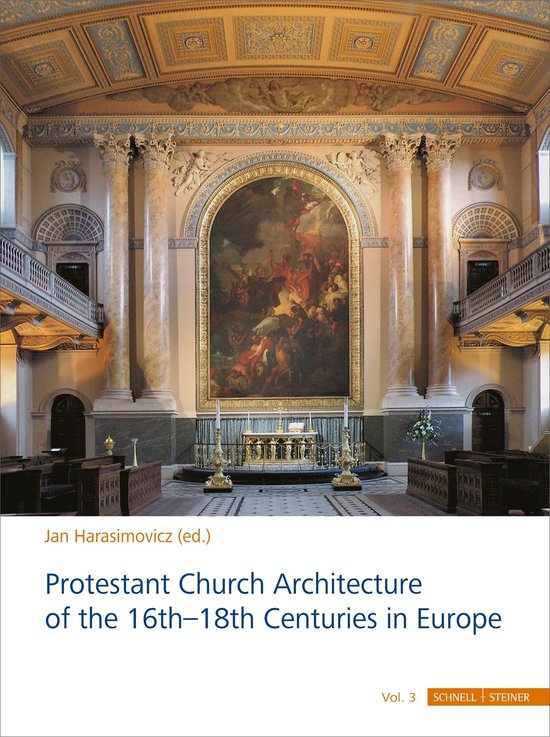 Boek "Protestant Church Architecture of the 16th-18th Centuries in Europe" met een schilderij van een kerkinterieur.