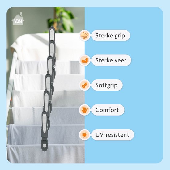 Wasknijper met sterke grip, veer, softgrip en UV-resistent, aan wasrek.