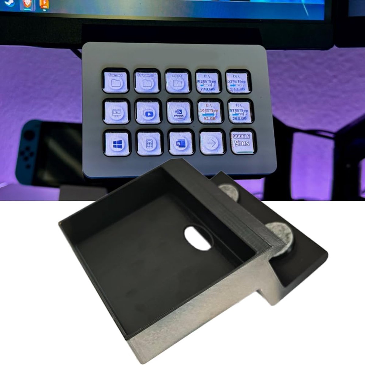 Monitor Klem - Stream Deck Houder - Bureau Organisatie - 3D Geprint Ontwerp - Zwart