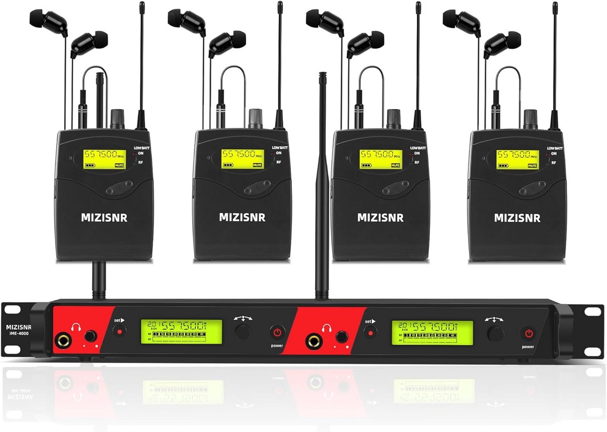 Draadloos In-Ear Monitor Systeem met 4 Bodypacks en Rackmontage