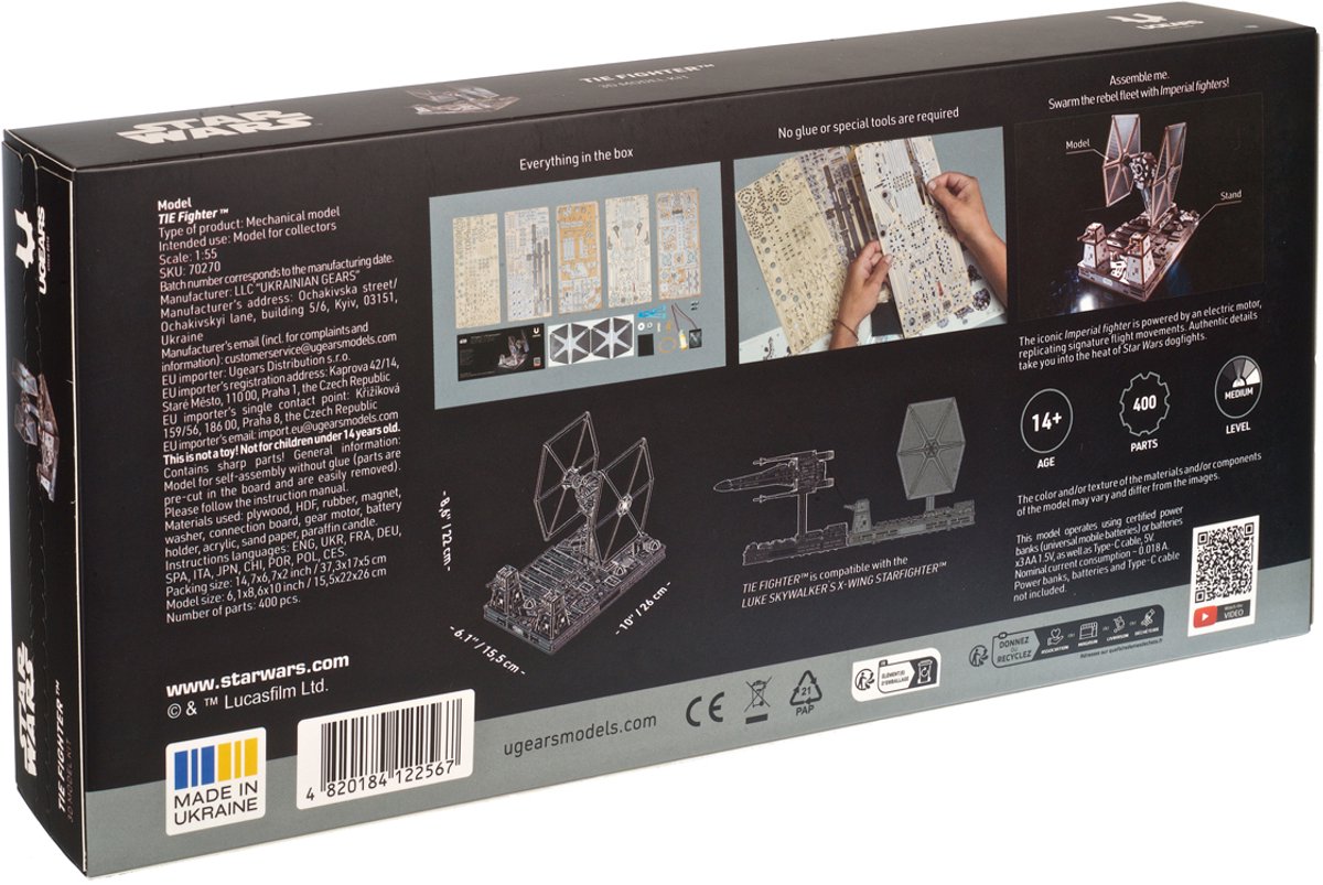 UGEARS 3D Modelbouw - Tie Fighter - Star Wars - Mechanisch Bouwpakket Hout - Educatief Speelgoed — afbeelding 11