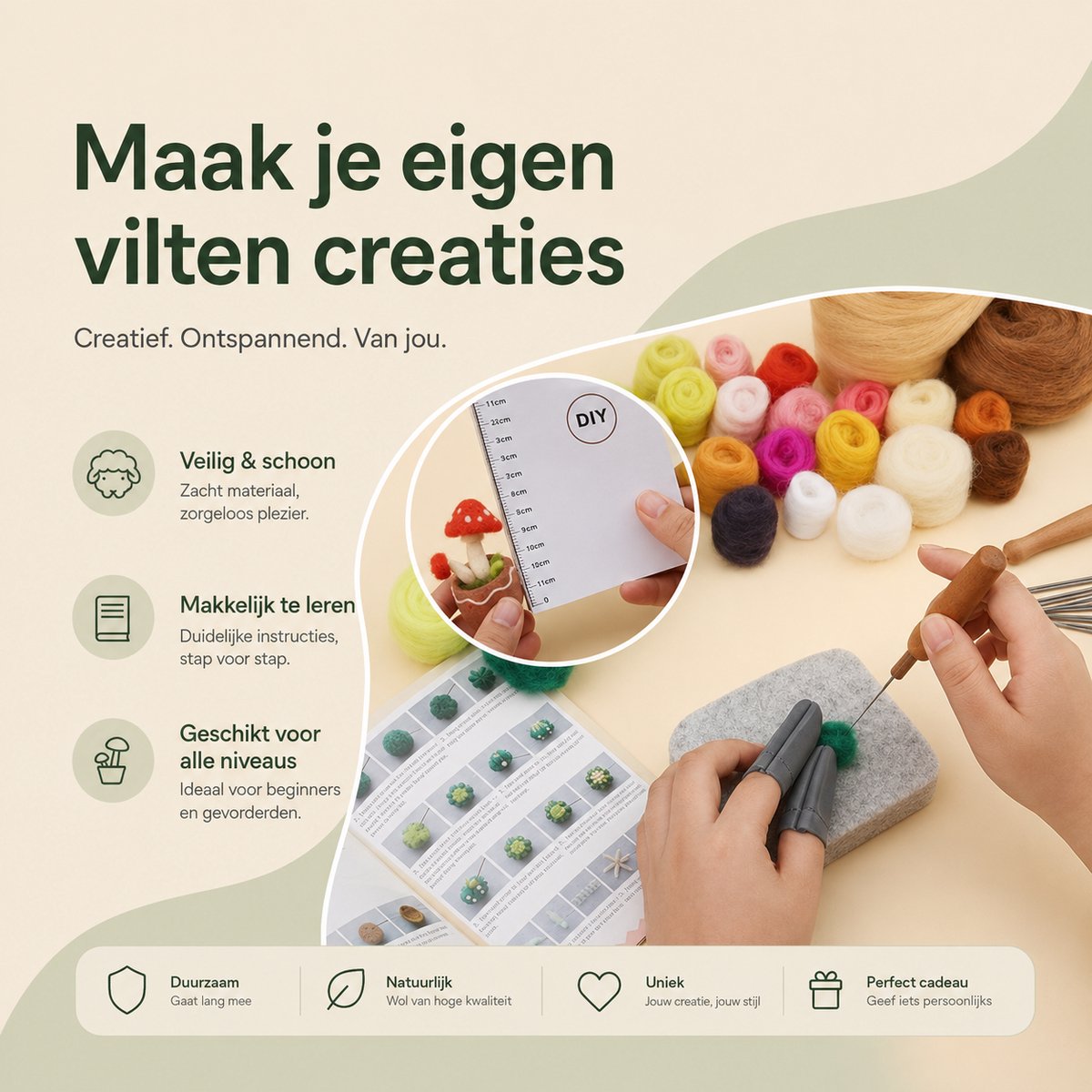 BOTC Naaldvilten - Starterset - Needle felting - Instructie inbegrepen - Gekaarde wol - Viltnaalden - Vetplanten — afbeelding 5