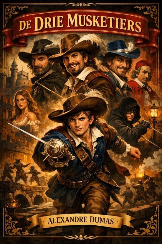 Affiche pour "Les Trois Mousquetaires" d'Alexandre Dumas, avec les quatre personnages principaux au premier plan, combattant à l'épée dans une ville historique.