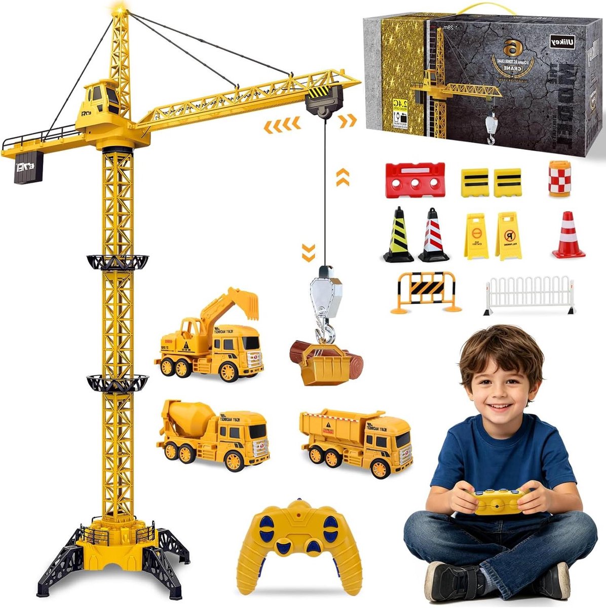 RC Torenkraan - Afstandsbediend Speelgoed - Bouwen en Spelen - 680 Graden Rotatie - 128 cm Hoog - Geel