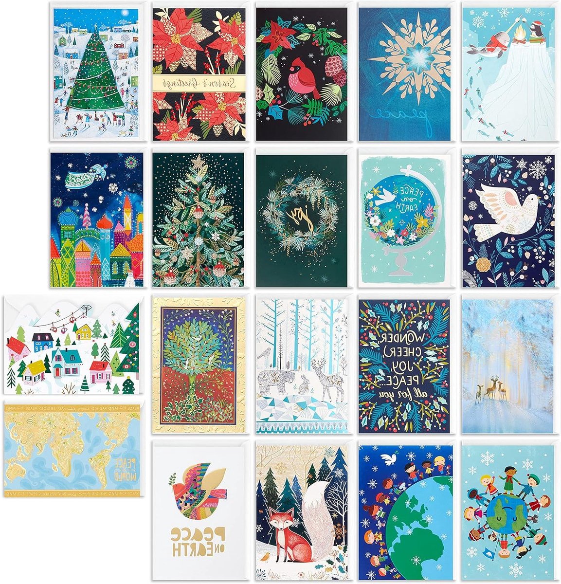 Kerstkaarten Set - Wenskaarten Box - Feestelijke Groeten - 20 Diverse Ontwerpen - 20 Kaarten 21 Enveloppen - Metallic