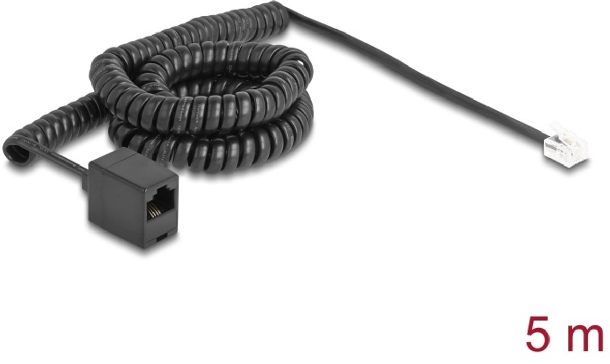 Delock Telephone Cable / Coiled Cable RJ11 plug to RJ45 jack black 5 m