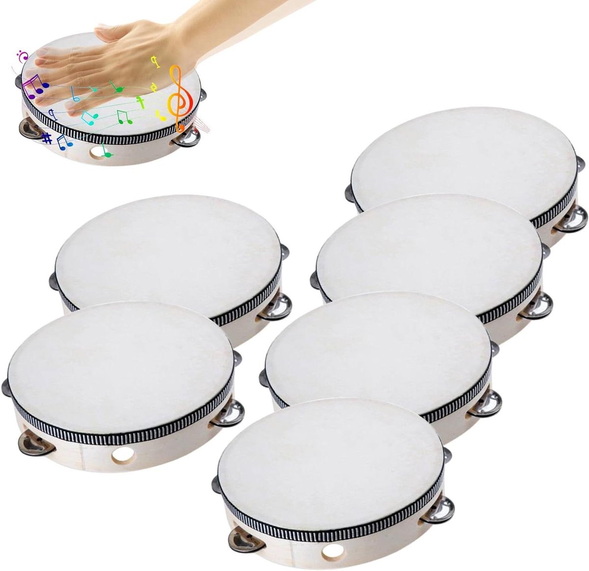 Tamboerijn Set - Handtrommel - Muziek Maken - Ergonomisch Ontwerp - 6 Stuks - Natuurlijk Hout