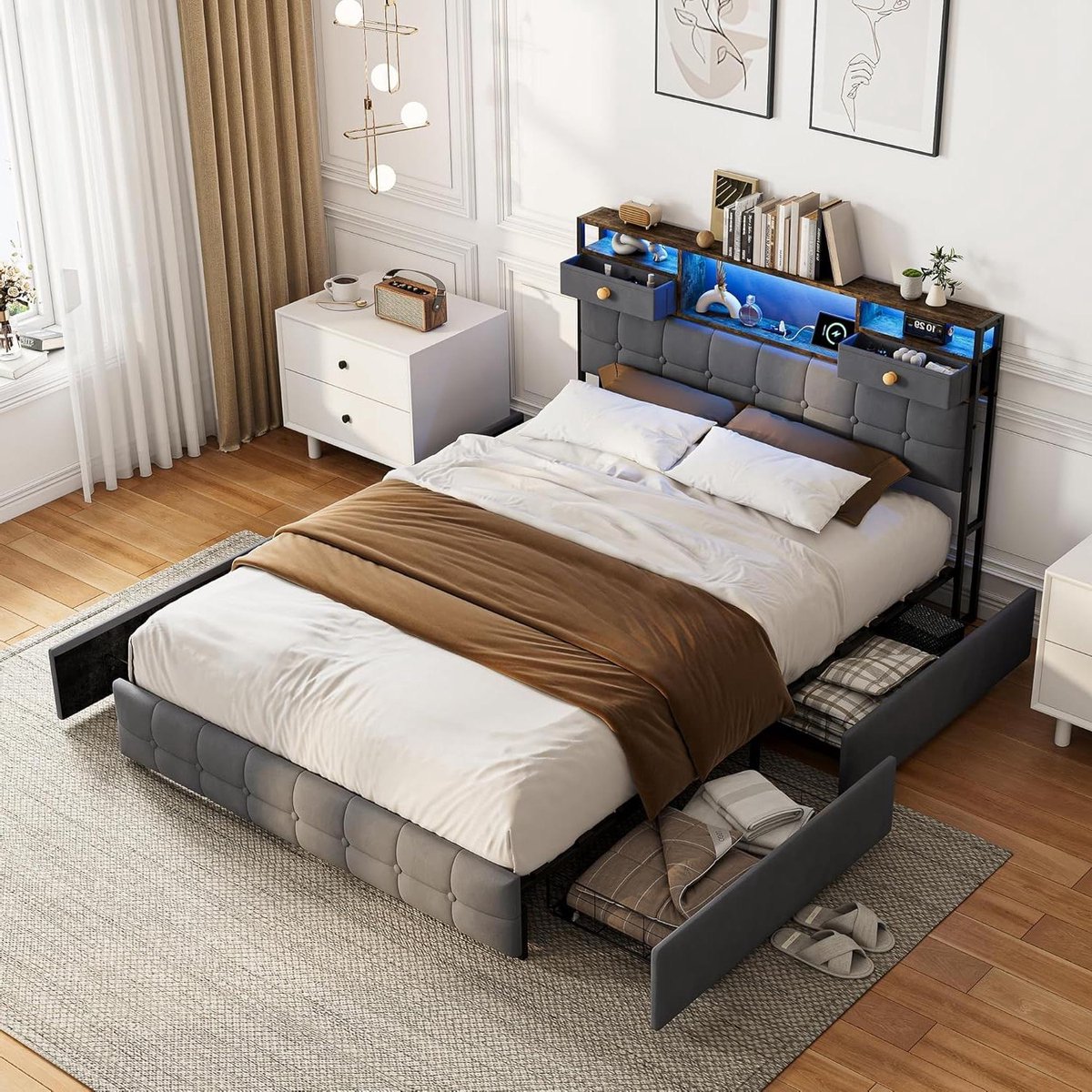 Gestoffeerd Bed - Opbergbed - Slaapkamer Organiseren - Met Led en USB - 140x200 cm - Grijs