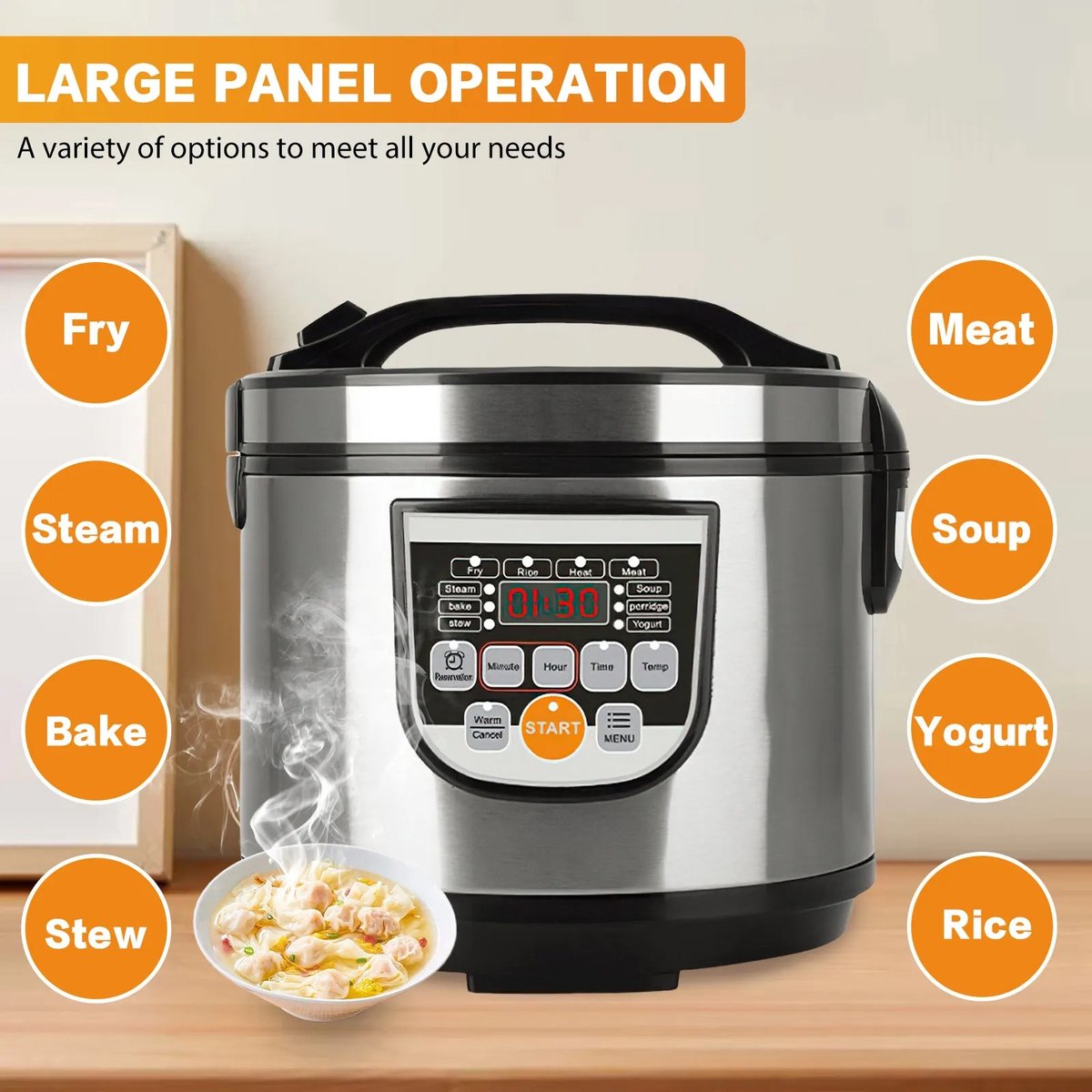 HomeGoodies - Slowcooker - Rijstkoker - Multicooker - 5L - 700W - Met LED-display - Antiaanbakpan - Warmtefunctie - Voedselstomer – foto 3