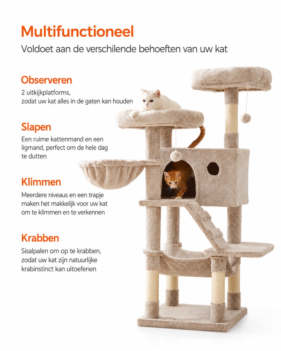 A.U.D Essentials - Katten Krabpaal - Kattenboom - Krabton - Grote Katten - Licht bruin - 49x49x135 cm