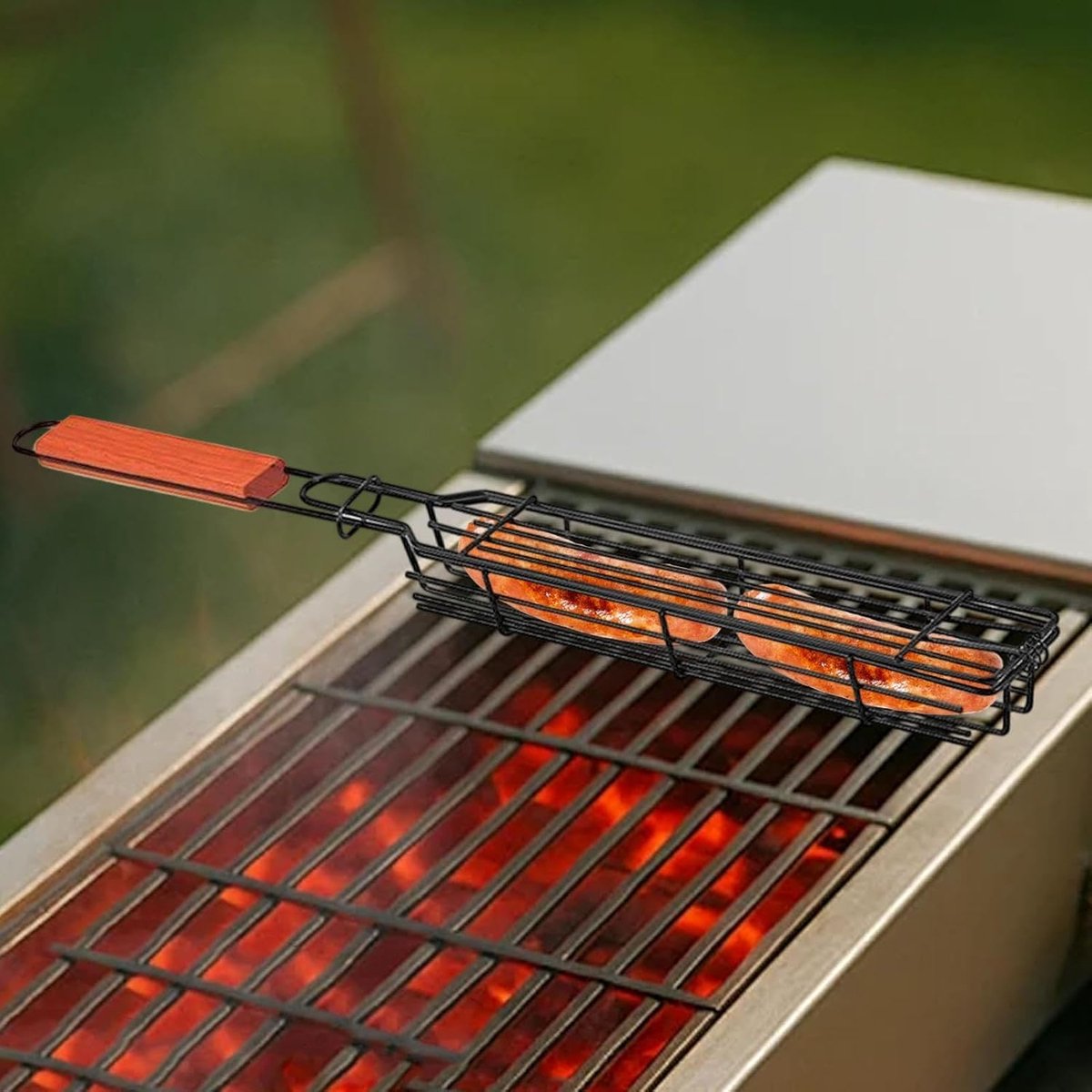 Hotdoghouder - Worst grillrek - Buiten koken - Dubbel-net klemsysteem - 51 cm - Zilver