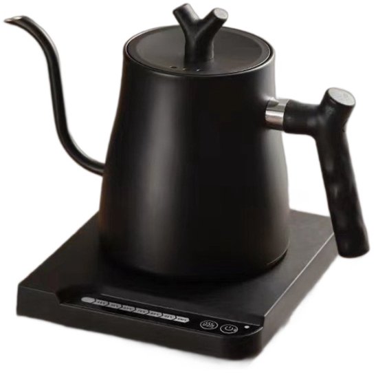 Zwarte waterkoker met smalle tuit en een ergonomische handgreep, staand op een basis met digitale display.