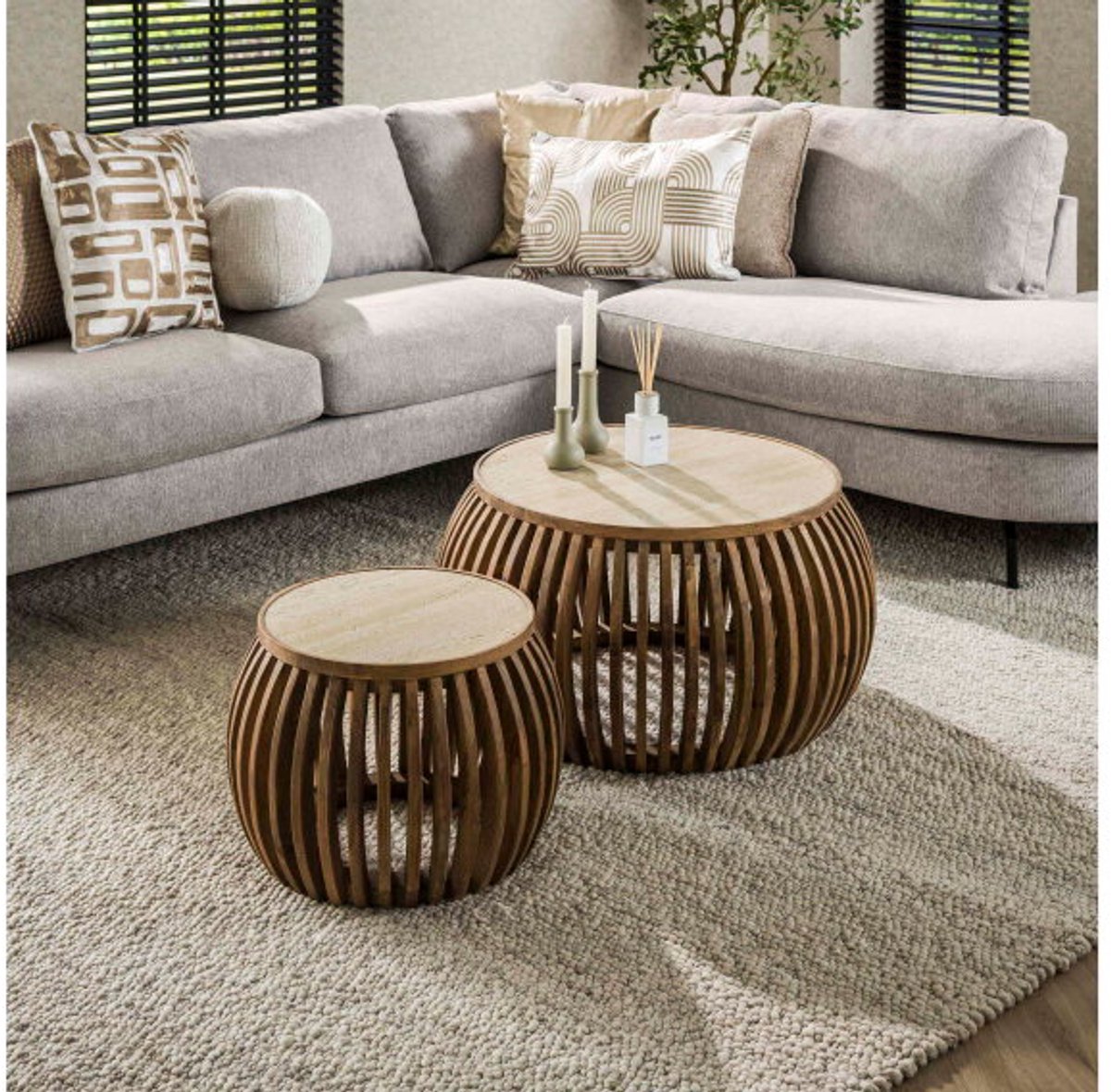 Meubelplaats Salontafel Nuovo Curve set van 2 travertin keramiek - Beige massief mango zandkleur