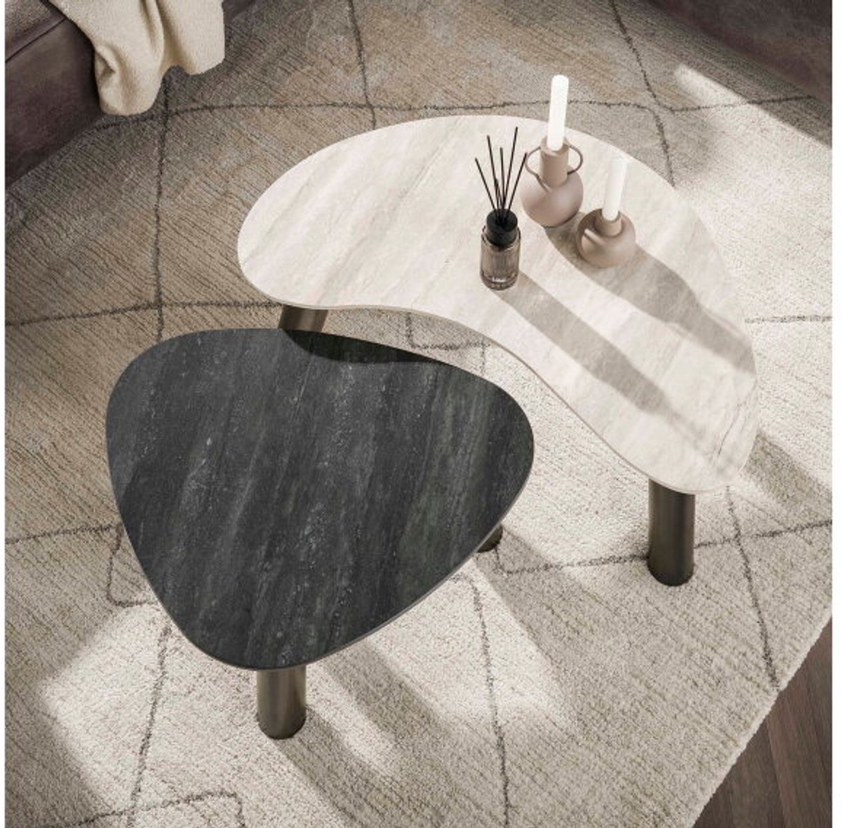 Meubelplaats Salontafel set/2 organisch Twin - 3D ceramic mix travertine Naturel