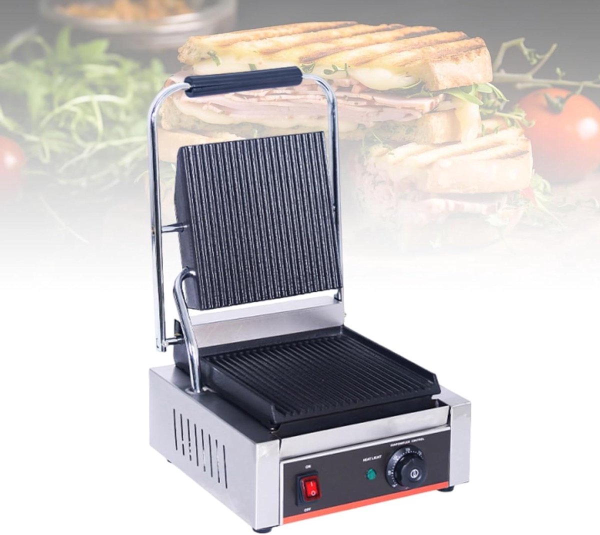 Panini Grill - Tosti IJzer Contactgrill - Sandwiches Grillen - Dubbelzijdige Verwarming - 45D x 37B x 27H cm - Zilver
