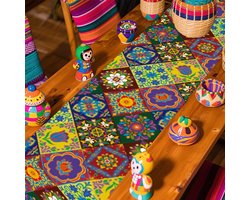 Tafelloper Keramische Tegels - Tafelkleed Tafeldecoratie - Feestelijke Decoratie - Mexicaans Talavera Design - 183x33 cm - Gemengde kleuren