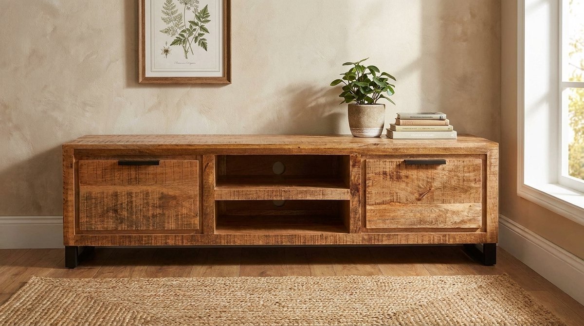 TV-meubel industrieel 160 cm mangohout zwart metaal sledepoten – House&Garden Glasgow TV kast 160x45x45 cm – lowboard tv dressoir met lades & open vak – handgemaakt houten tv meubel modern