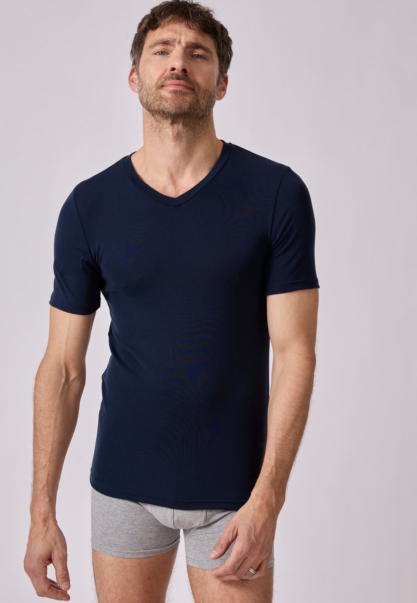 Damart - T-shirt met korte mouwen V-hals fijn geribd Thermolactyl Sensitive - Heren - Blauw - (118-125) XXL