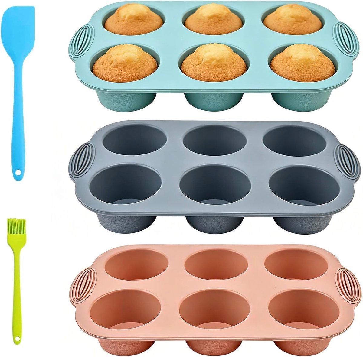 Siliconen Muffin Bakvorm voor 6 Stuks met Bakkwast en Spatel, Ideaal voor Cupcakes, Brownies en Taarten