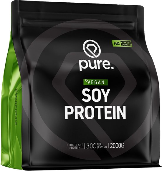 Zwarte verpakking met 'Soy Protein' en groene zijkanten. 1000g.