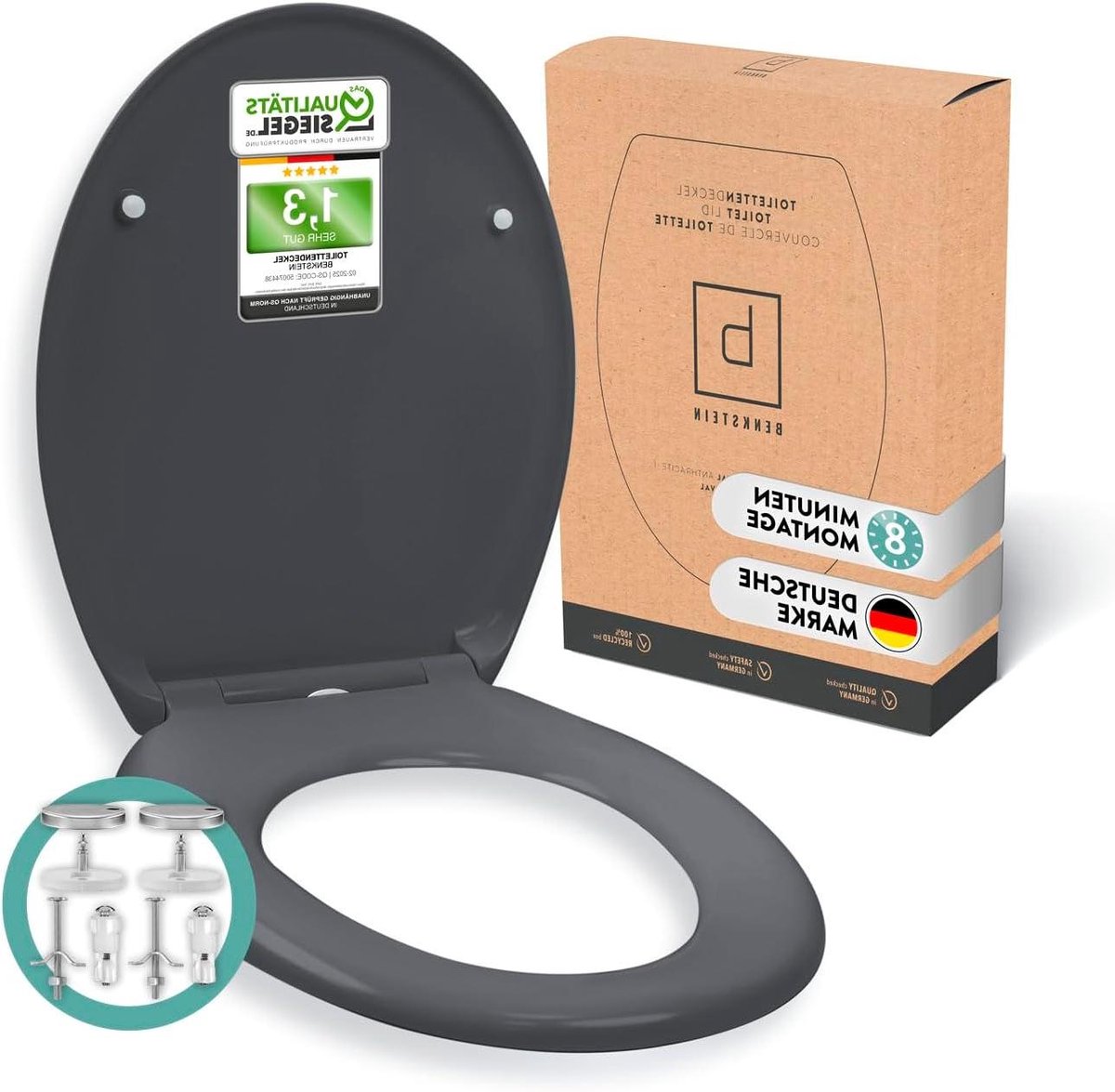 Toiletdeksel Antibacterieel - Klosteun Deksel - Hygiënisch Thuis - Dubbele Softclose Functie - 150 kg Belasting - Donkergrijs