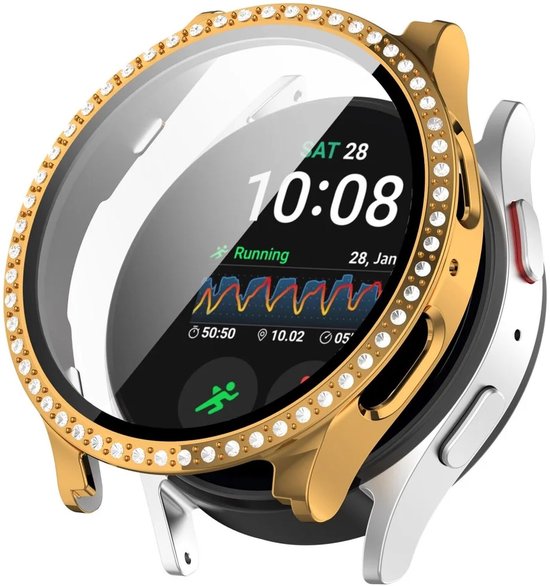 Hoesje Geschikt voor Samsung Galaxy Watch 7 40MM - Bumper Case met Ingebouwde Tempered Glass Screen Protector - Rhinestone Goud